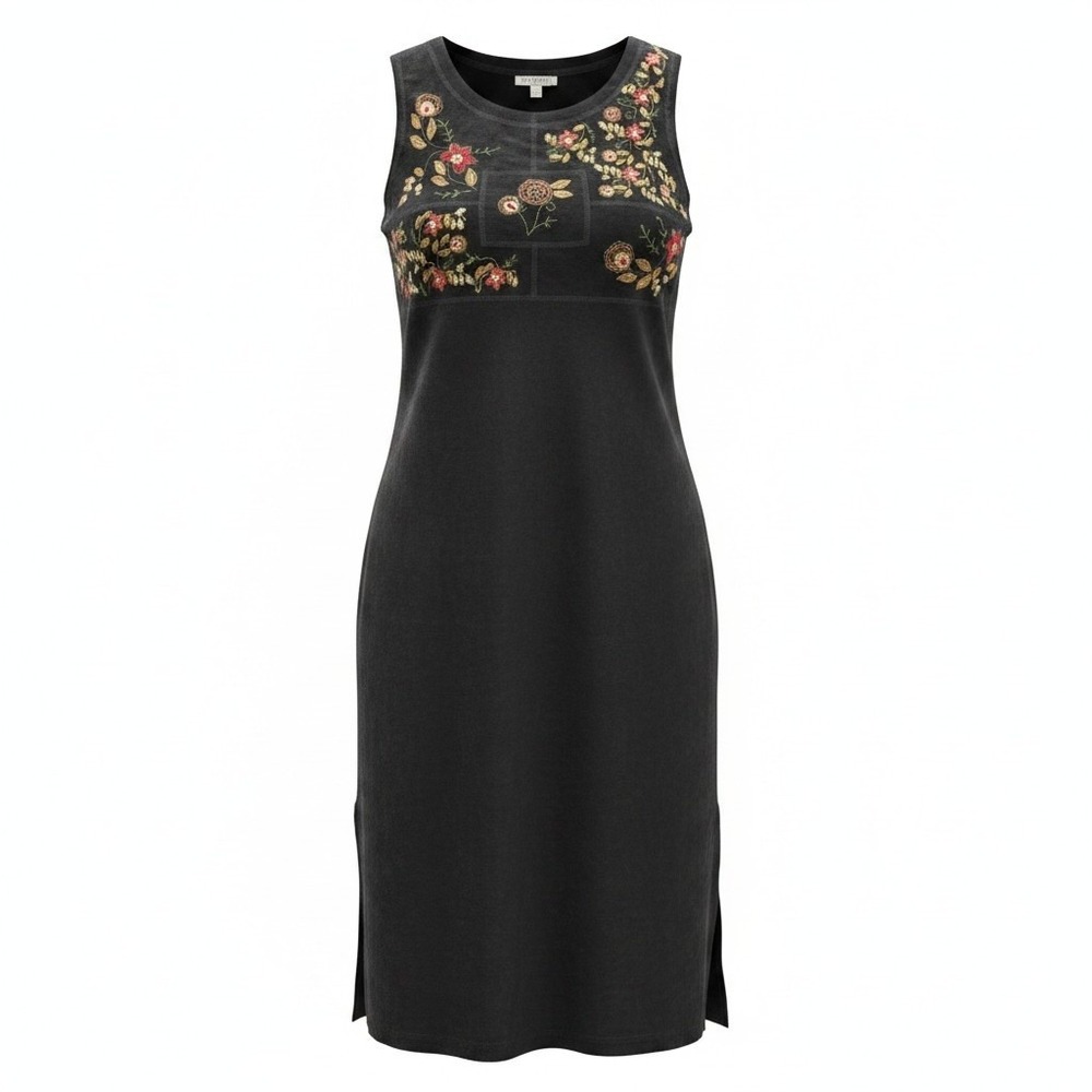 Midi Dress Womens M Black Floral Embroidered Faux Suede Moleskin Boho Jumper